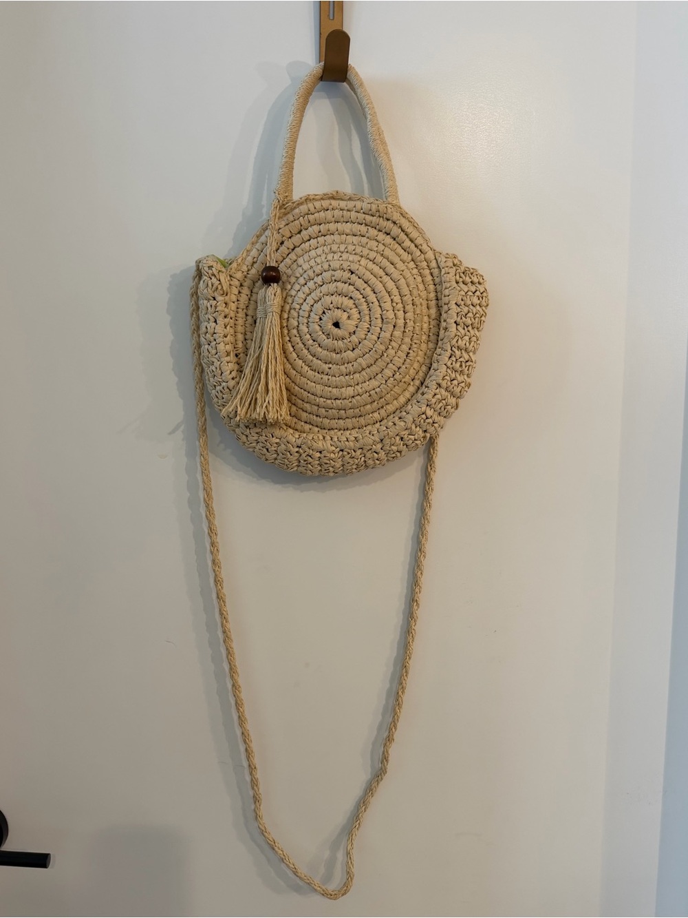 SOLID & STRIPED Cream Woven Round Crossbody Bag with Tassel